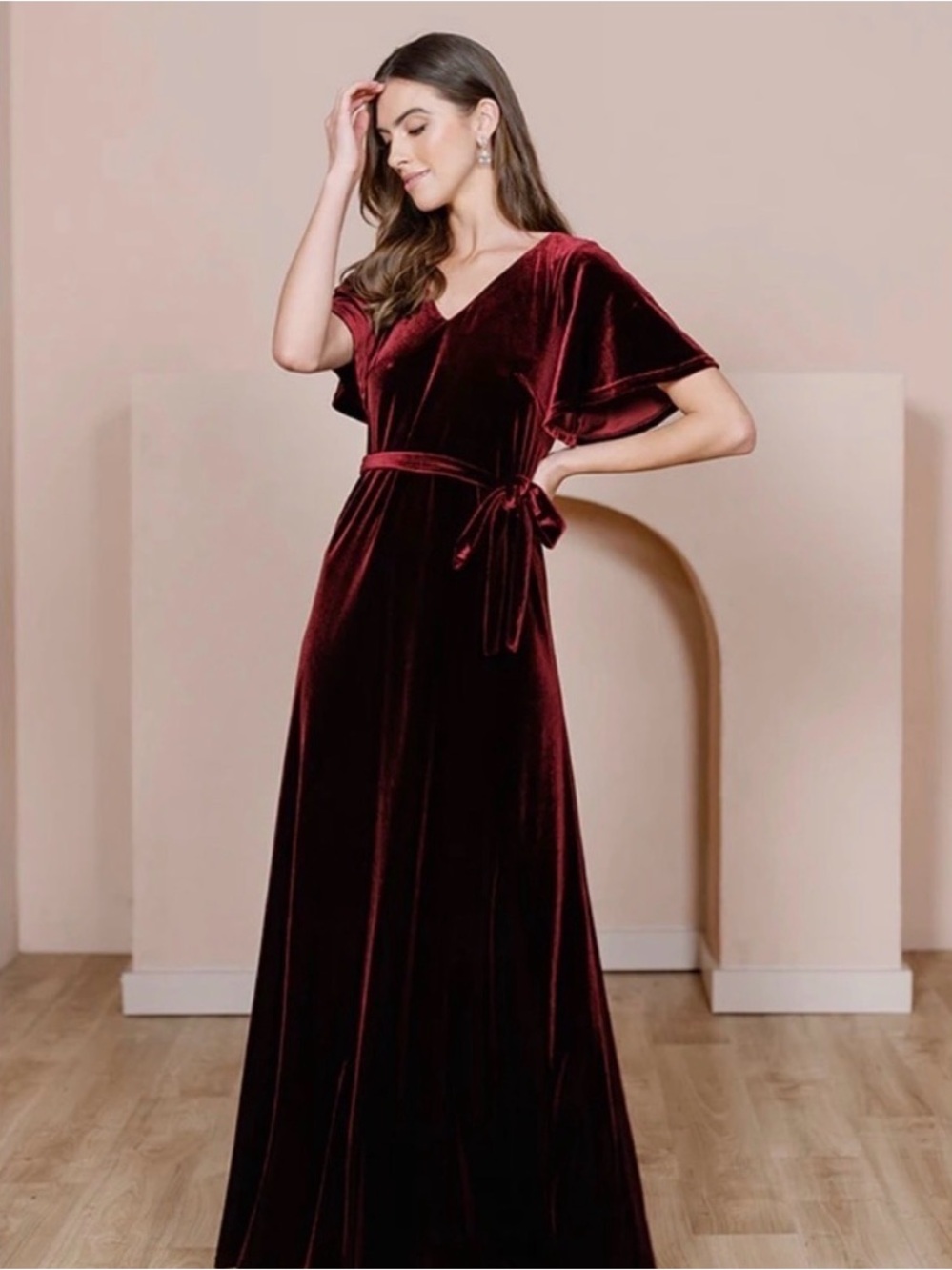 Velvet V-Neck Wrap Gown in Deep Wine